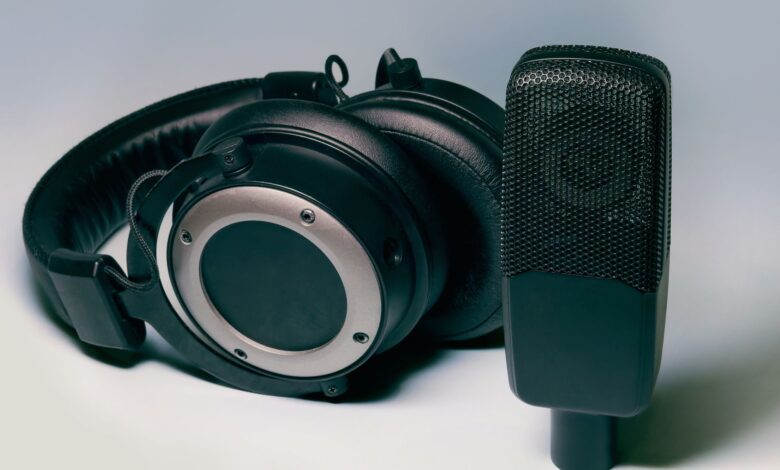 High-quality studio headphones and microphone for professional audio setups.