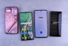 Four modern smartphones showcasing home screens, applications, and startup logos on a sleek surface.