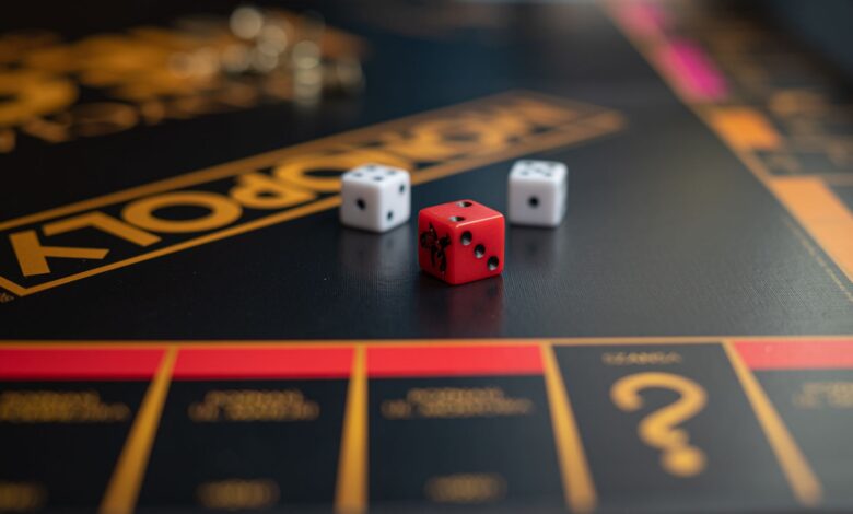 High-quality close-up photo of dice on a classic Monopoly board game, highlighting the gaming experience.