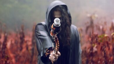 A hooded figure holds a staff in a misty, autumn forest setting, evoking mystery and fantasy.