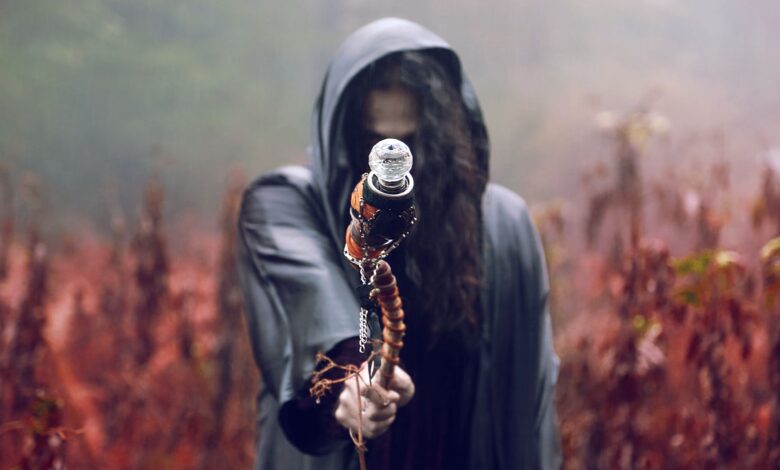A hooded figure holds a staff in a misty, autumn forest setting, evoking mystery and fantasy.