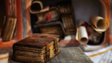 Close-up of a leather-bound antique book on a wooden table, with scrolls in the background, Moscow.