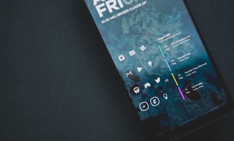 Close-up of a smartphone with a custom digital interface and various icons.