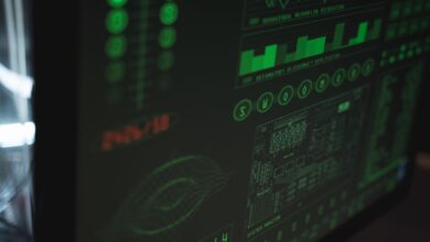 Close-up view of a computer displaying cybersecurity and data protection interfaces in green tones.