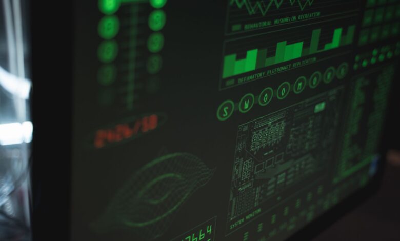 Close-up view of a computer displaying cybersecurity and data protection interfaces in green tones.