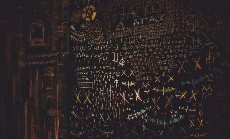 Chalkboard filled with complex cybersecurity and hacking symbols in colorful chalk.