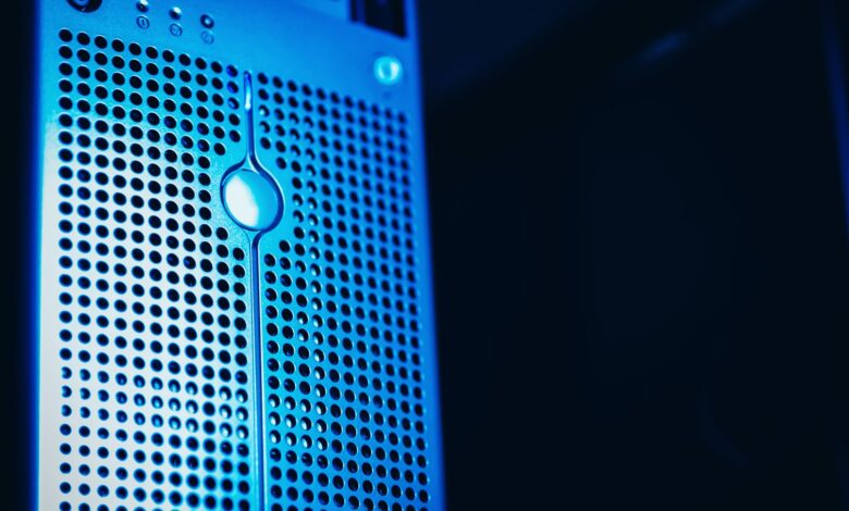 Modern server rack with blue lighting in a secure data center environment.