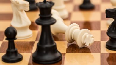Close-up of chess pieces on a board depicting strategy and challenge.