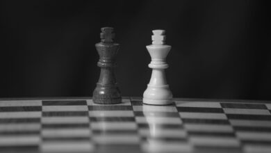 Close-up black and white photo of chess king pieces on a board against a dark background.
