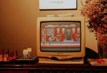Retro living room scene featuring vintage TV playing classic video game.