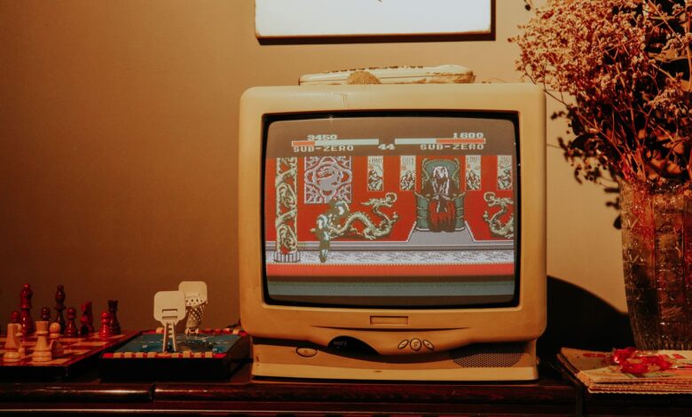 Retro living room scene featuring vintage TV playing classic video game.
