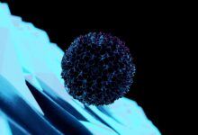 Surreal digital art featuring a neon sphere suspended above a geometric icy surface.