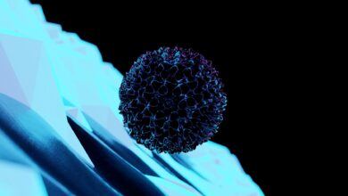 Surreal digital art featuring a neon sphere suspended above a geometric icy surface.