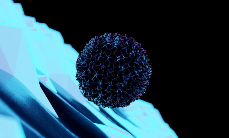 Surreal digital art featuring a neon sphere suspended above a geometric icy surface.