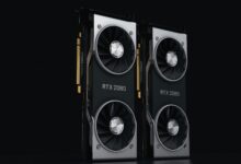 Close-up of two NVIDIA RTX 2080 graphics cards with dual fans, high-performance hardware.