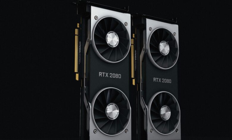 Close-up of two NVIDIA RTX 2080 graphics cards with dual fans, high-performance hardware.