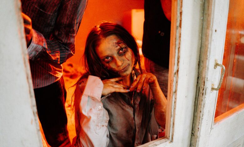 A haunting zombie emerges in a dimly lit room, evoking spine-chilling horror vibes.