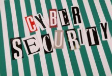 Cyber security concept depicted with a creative text collage on striped background.