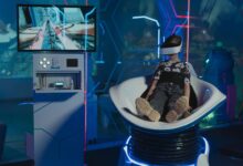 A child immersed in a futuristic virtual reality game with neon lights and advanced technology.