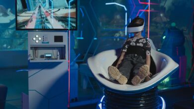 A child immersed in a futuristic virtual reality game with neon lights and advanced technology.