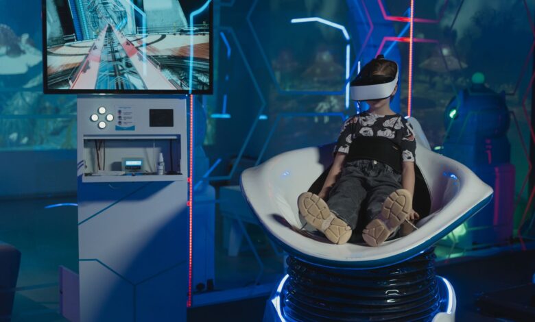 A child immersed in a futuristic virtual reality game with neon lights and advanced technology.