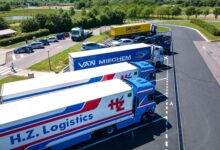Aerial image showcasing logistics trucks parked in a rest area.