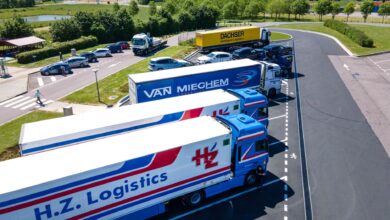 Aerial image showcasing logistics trucks parked in a rest area.