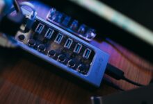 Close-up of a multi-port USB hub, showcasing modern technology connection setup.