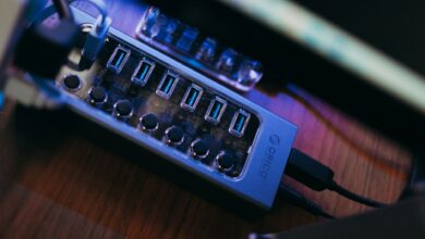 Close-up of a multi-port USB hub, showcasing modern technology connection setup.