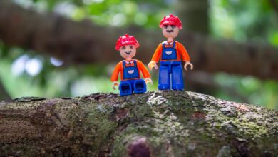 Colorful toy figures with helmets on a tree branch, showcasing creativity and playfulness.