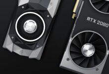 Close-up of two high-performance RTX 2080 graphics cards showcasing their sleek design and cooling fans.