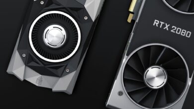 Close-up of two high-performance RTX 2080 graphics cards showcasing their sleek design and cooling fans.