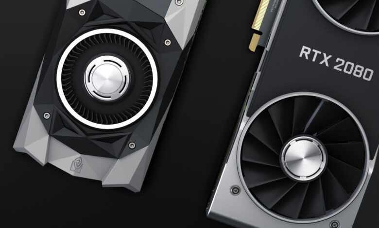 Close-up of two high-performance RTX 2080 graphics cards showcasing their sleek design and cooling fans.