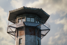 Rustic watchtower with metal railings and windows under a cloudy sky, digital rendering.