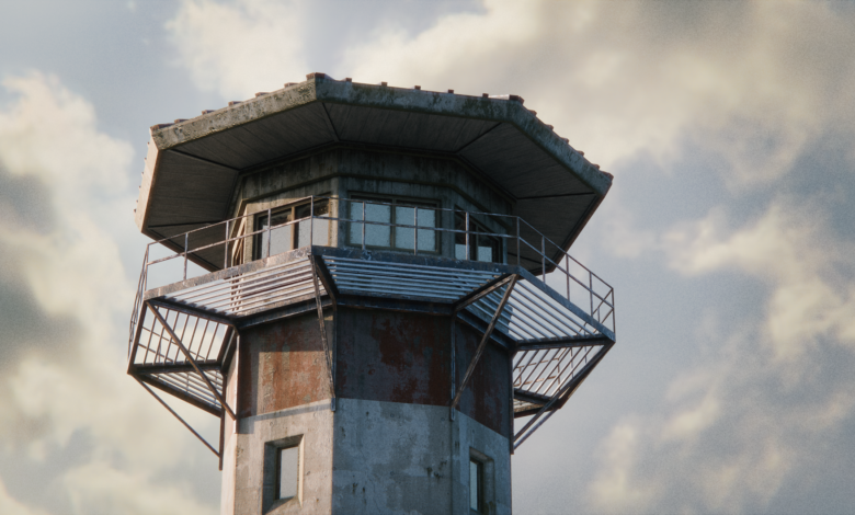 Rustic watchtower with metal railings and windows under a cloudy sky, digital rendering.