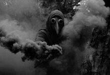 A haunting figure wearing a plague doctor mask enveloped in dark swirling smoke, creating an eerie and atmospheric scene.