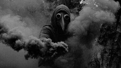A haunting figure wearing a plague doctor mask enveloped in dark swirling smoke, creating an eerie and atmospheric scene.