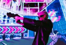 Person in cyberpunk attire aims futuristic gun in neon-lit scene