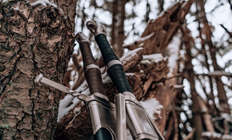 Detailed view of swords against a snowy tree in a winter forest setting.