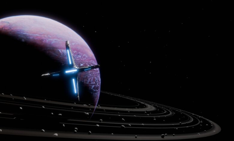 A futuristic spacecraft orbits a colorful ringed planet in deep space.