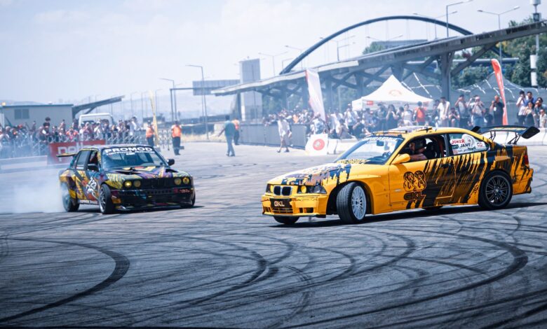 Exciting car drift at a vibrant outdoor racing event in Ankara, Türkiye. Perfect for automotive enthusiasts.