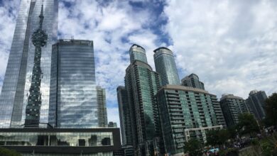 A stunning view of Toronto's modern skyline reflecting the iconic CN Tower on a bright day.