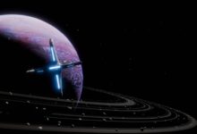 A futuristic spacecraft orbits a colorful ringed planet in deep space.