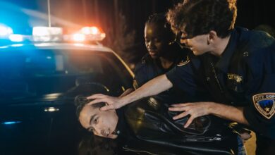 Two police officers arrest a suspect during a nighttime operation with flashing lights.