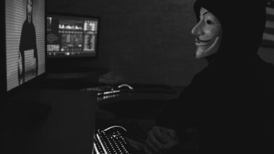 Monochrome image of a hacker in a Guy Fawkes mask working on a computer in a dimly lit room.