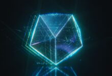 A neon digital polygon glowing in dark space, resembling a sci-fi hologram.