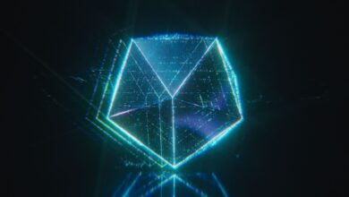A neon digital polygon glowing in dark space, resembling a sci-fi hologram.