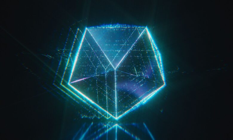 A neon digital polygon glowing in dark space, resembling a sci-fi hologram.
