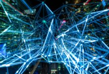 Dynamic urban scene showcasing interconnected light trails representing digital communication networks.