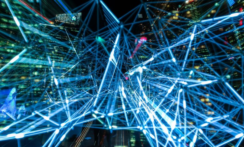 Dynamic urban scene showcasing interconnected light trails representing digital communication networks.